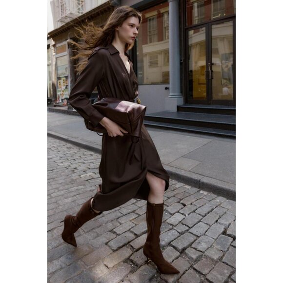 ZARA BELTED WRAP MIDI DRESS - Picture 2 of 8